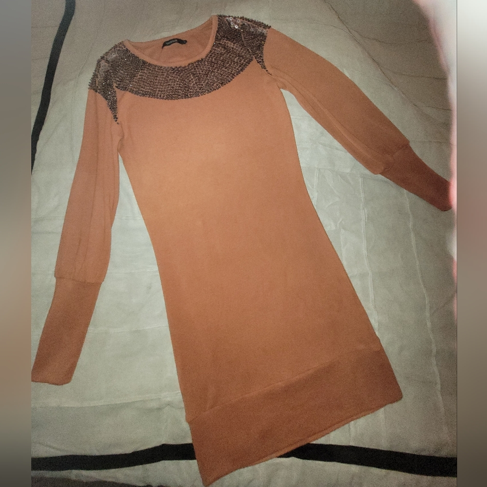 NWOT Women's Burnt Orange Sweater Dress with Sequin & Bead Detailing